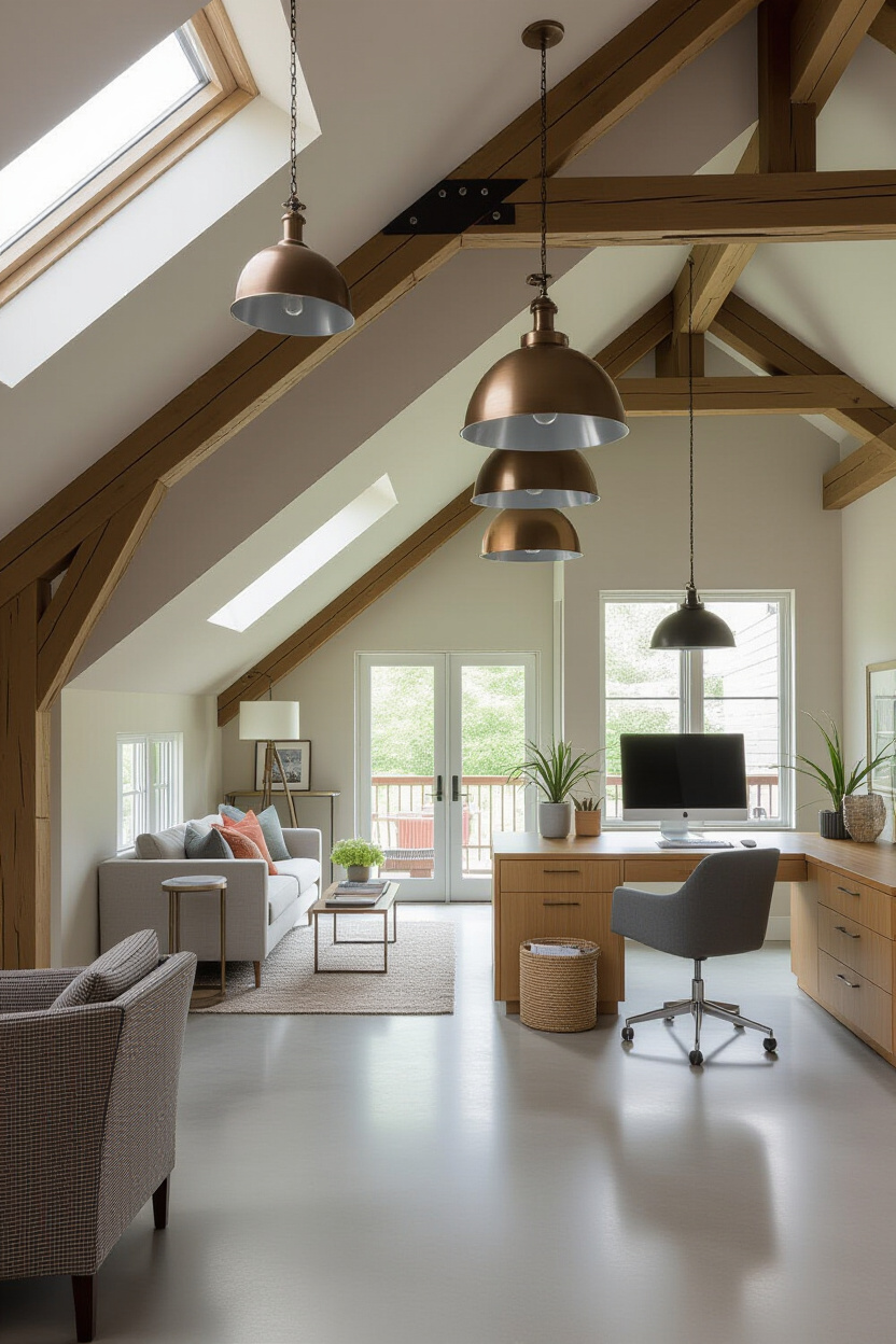industrial living room with natural light and copper pendant