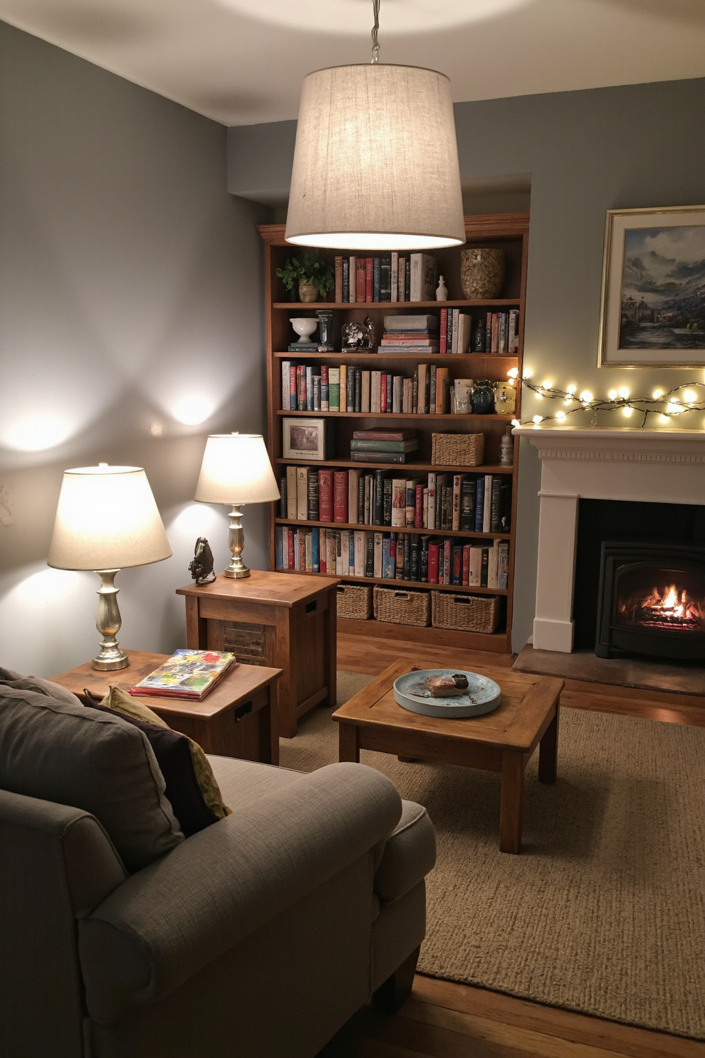 layered lighting living room, cozy lighting living room, cozy home interior living room, cream sofa set living room, cozy small living room