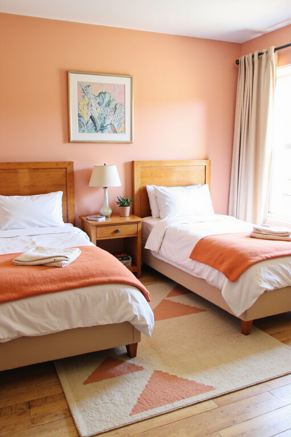 peach bedroom, coral bedroom, light peach room, coral walls bedroom, bright coastal bedroom