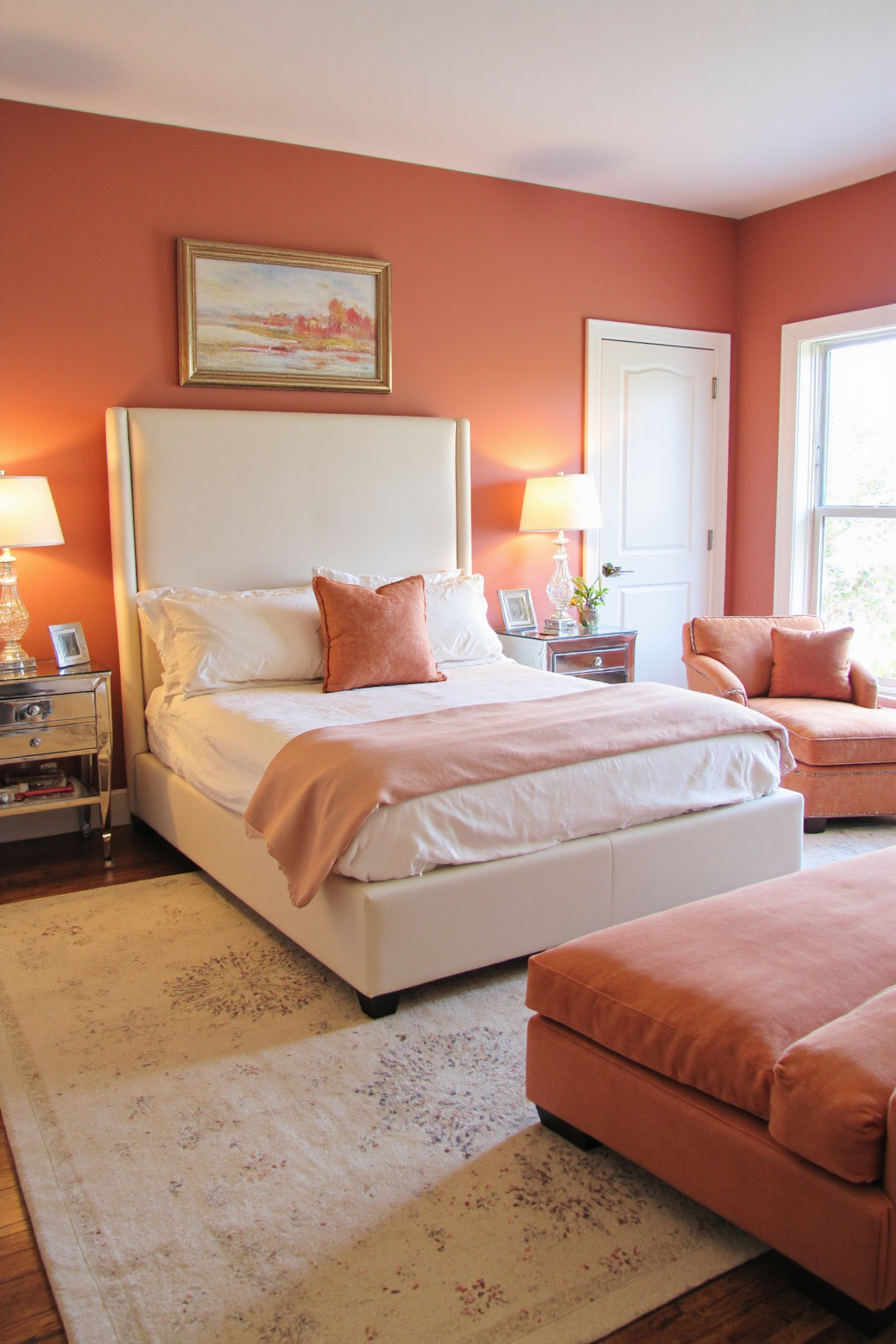 peach bedroom, coral bedroom decor, bright bedroom design, coral color bedroom ideas, coral accents bedroom