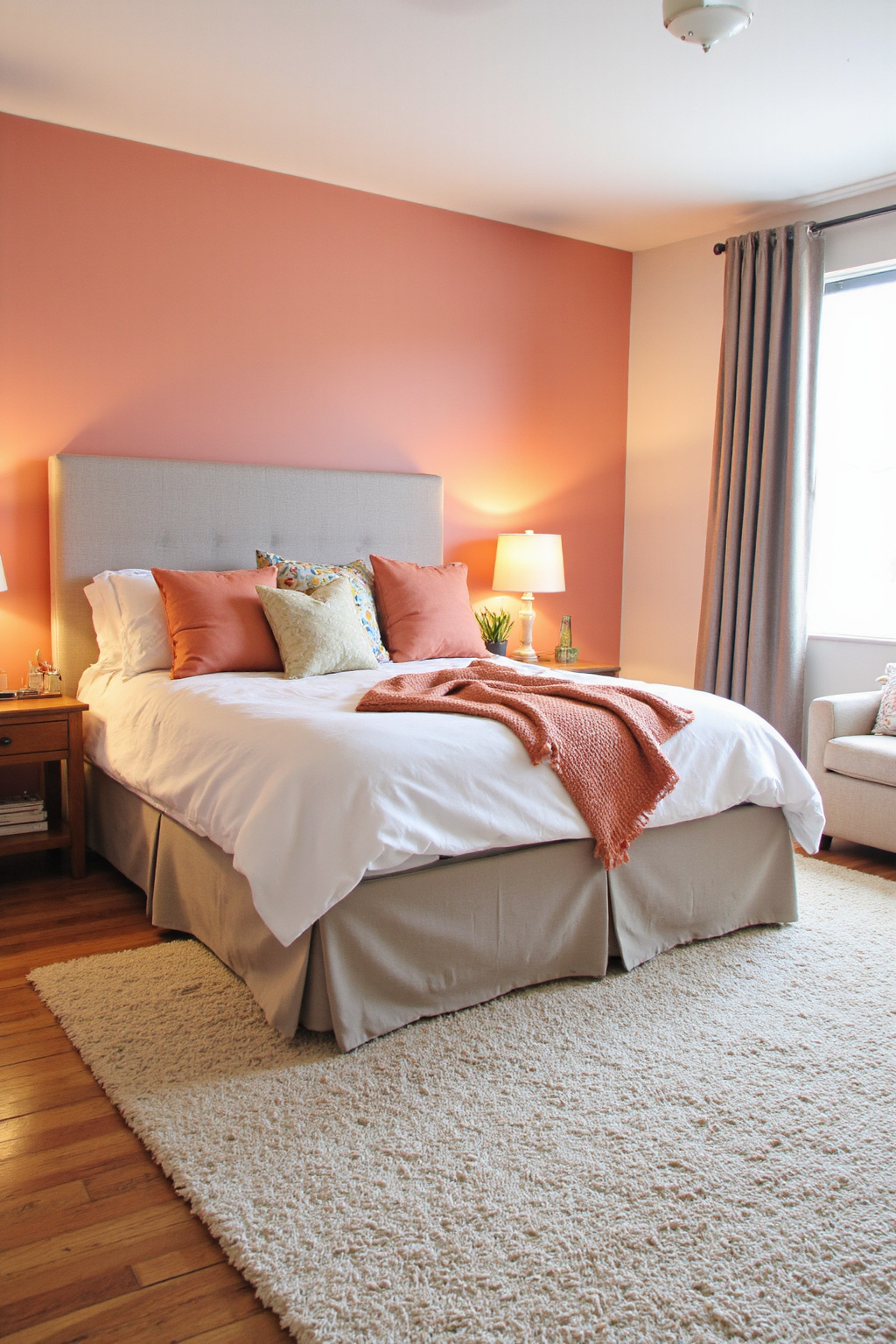 coral bedroom, coral bedroom aesthetic, coral bedroom ideas for adults, tan bedroom ideas, beach apartment bedroom