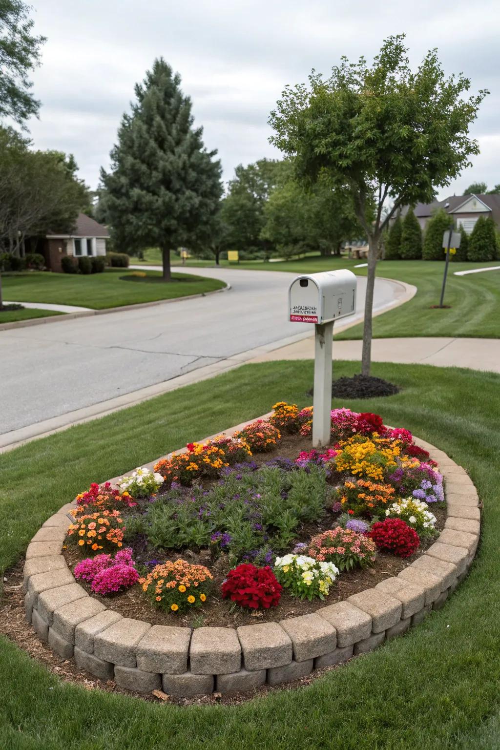 Circular flower bed design enhancing mailbox appeal.