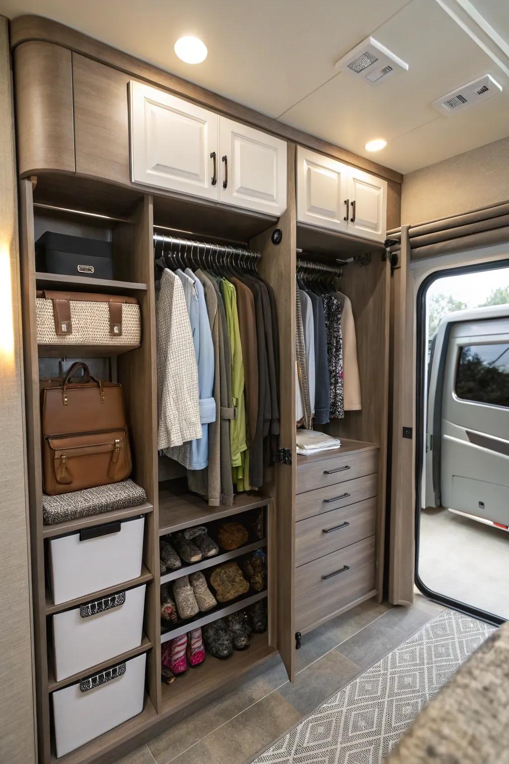 Customizable expandable wardrobe inserts for RV closets.