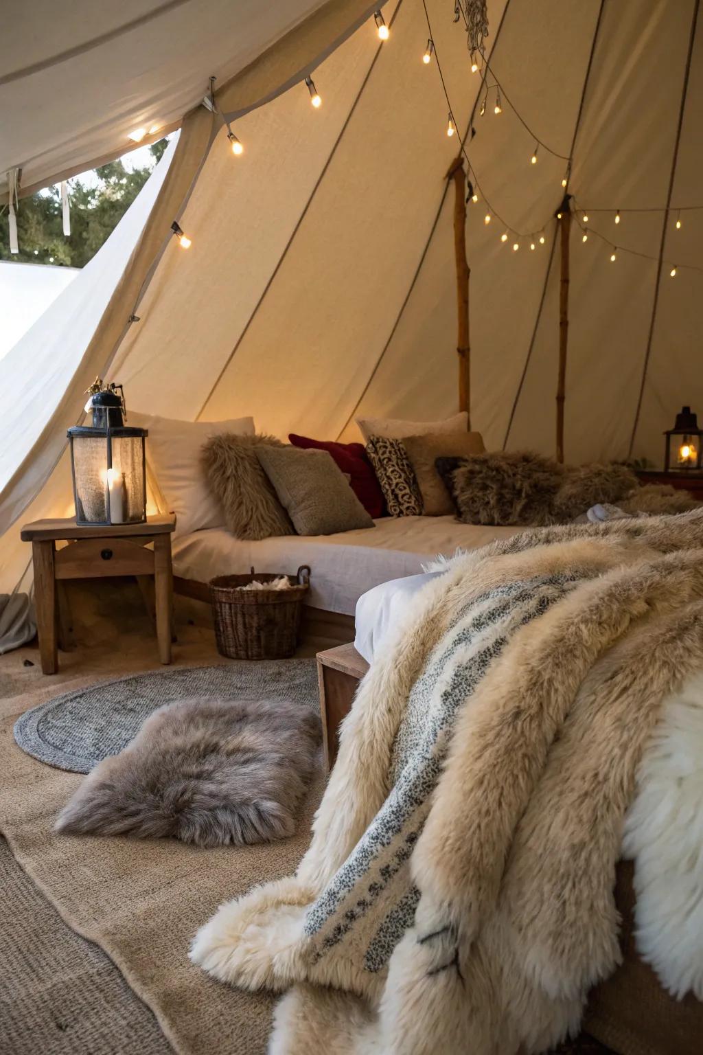 Add warmth and texture with faux fur accents in your tent.
