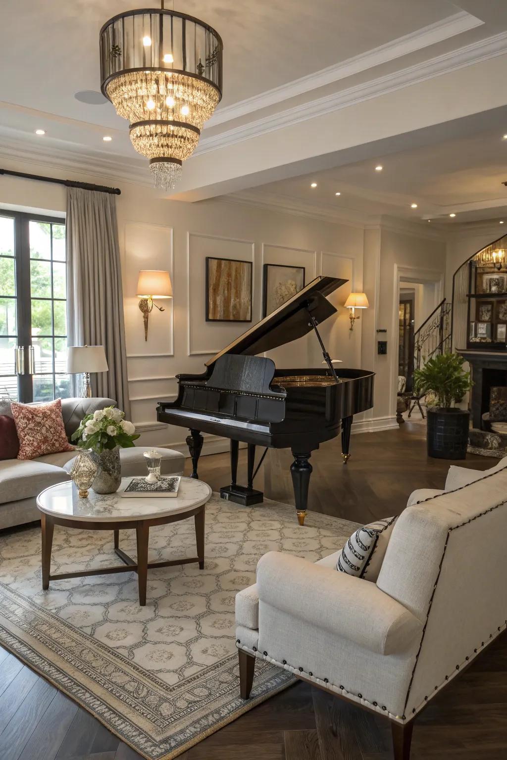 Baby grand piano as the focal point in a stylish living room