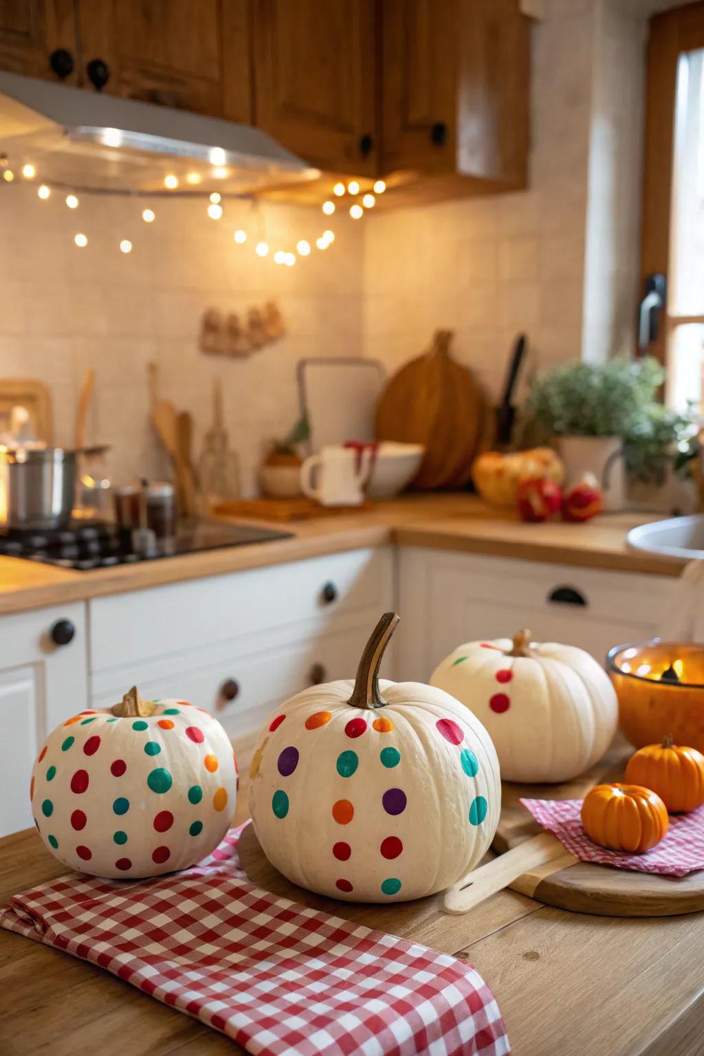 Add a joyful touch with colorful polka dot pumpkins.