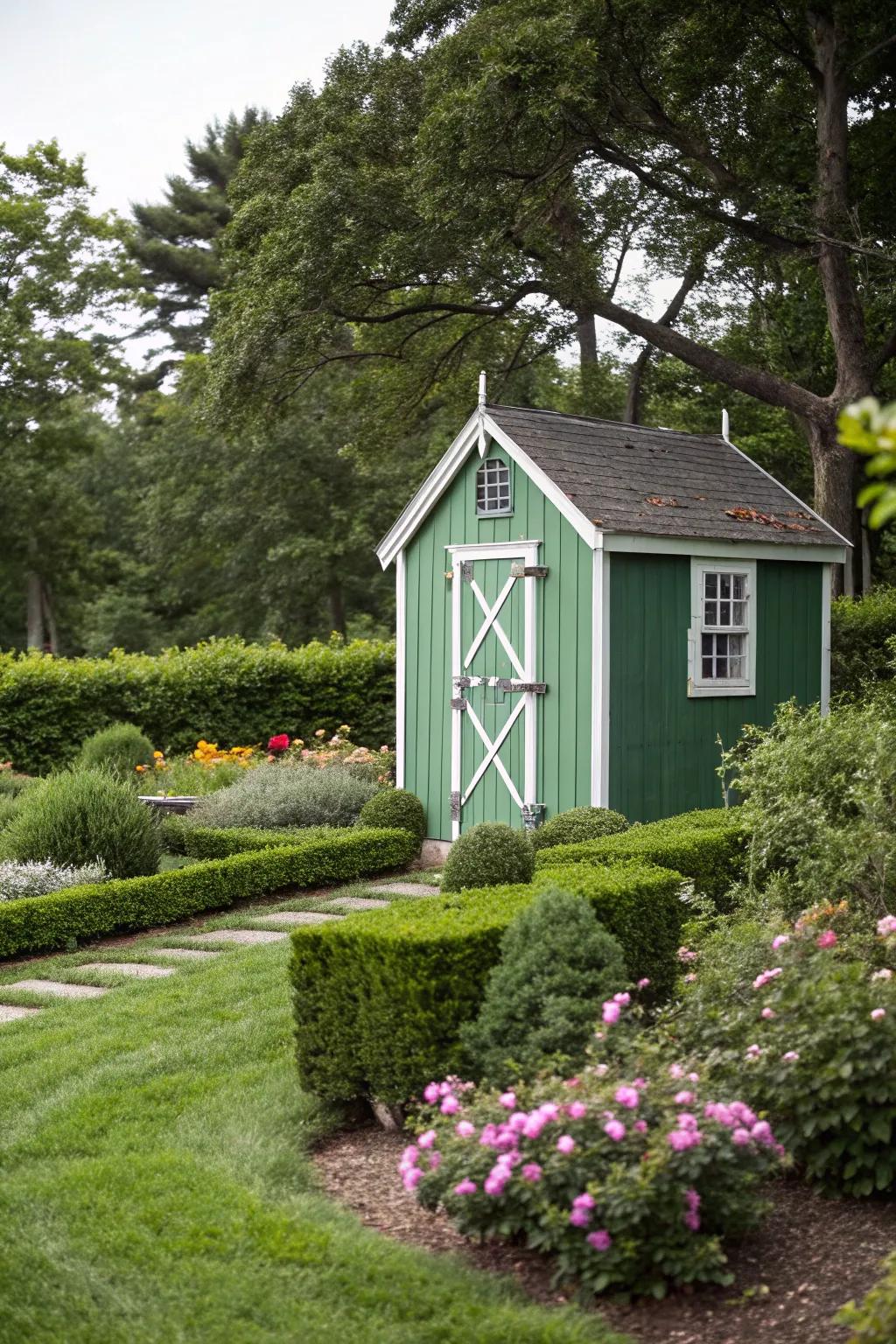 Green shed with crisp white trim for a classic look.