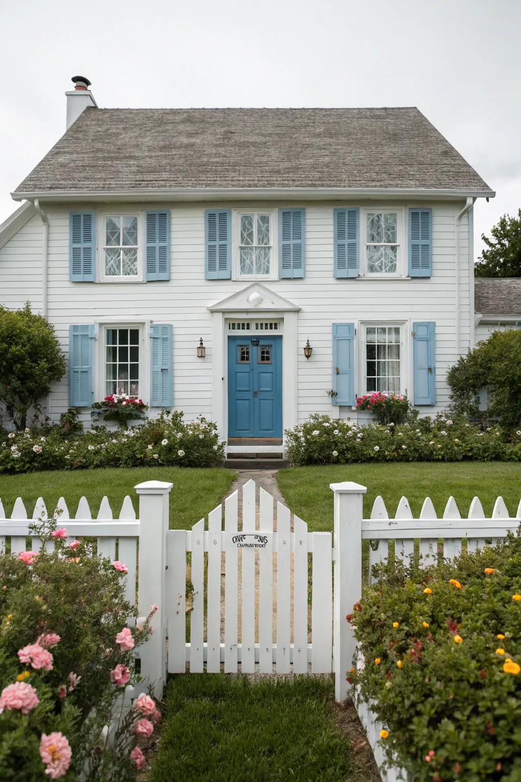 Timeless white shutters with a vibrant blue door create a welcoming facade.