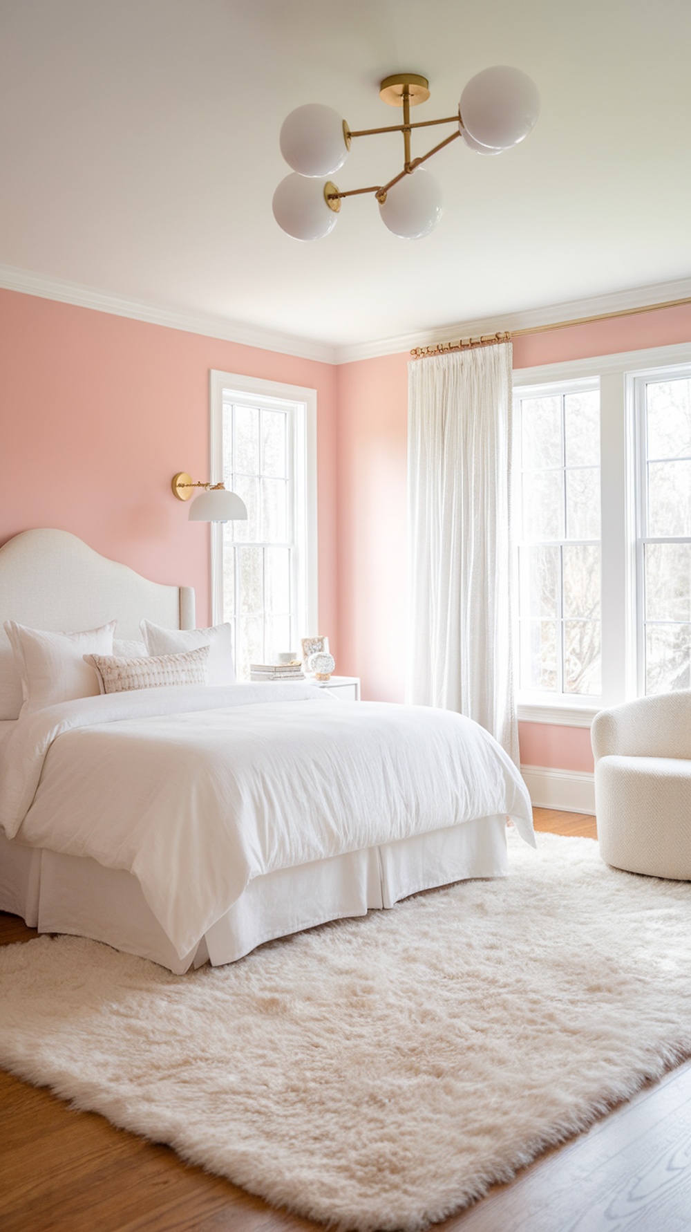 A pastel pink and white bedroom featuring a cozy bed, plush rug, and elegant lighting.