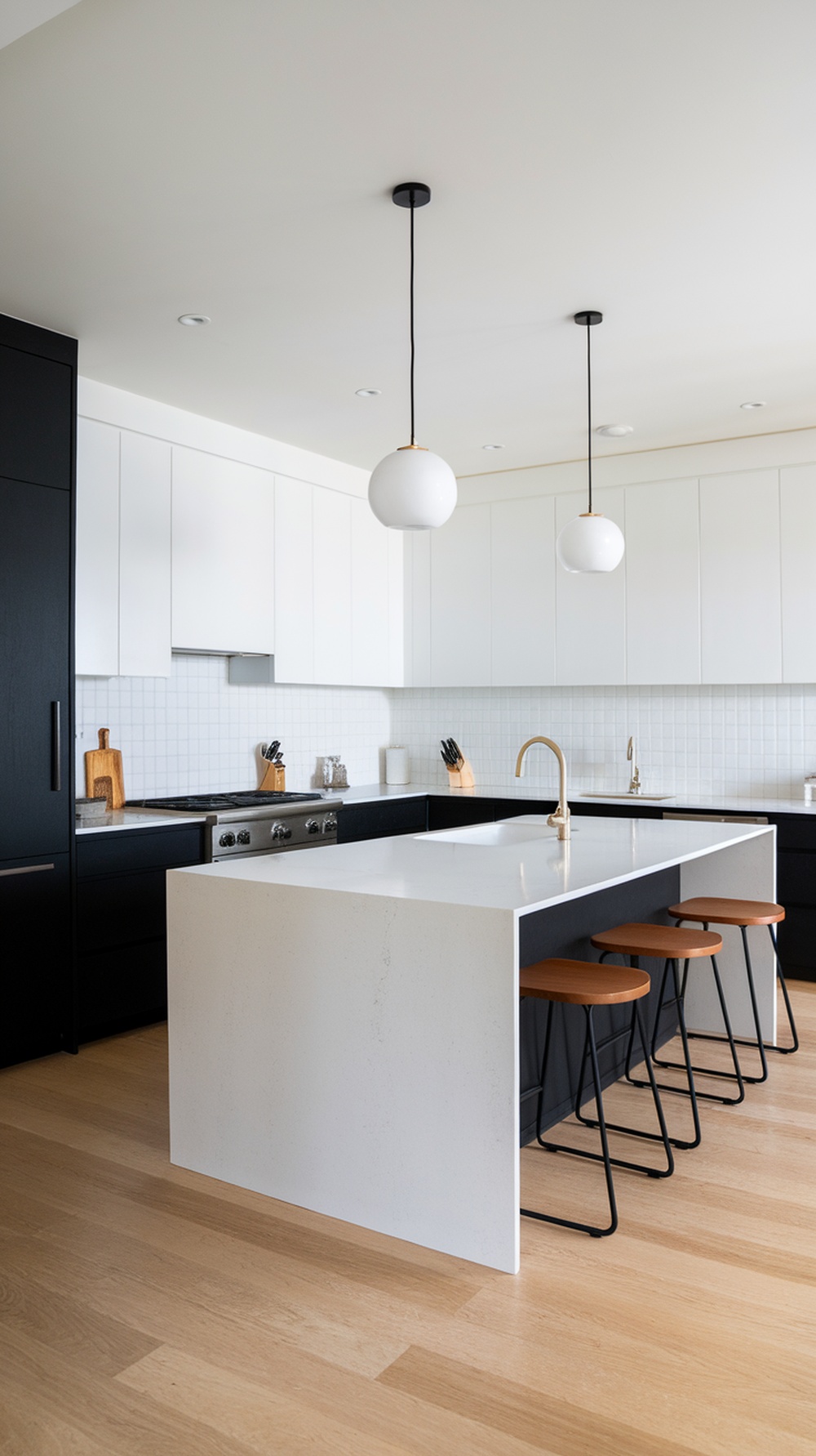 Contemporary black and white kitchen with waterfall island and pendant lighting