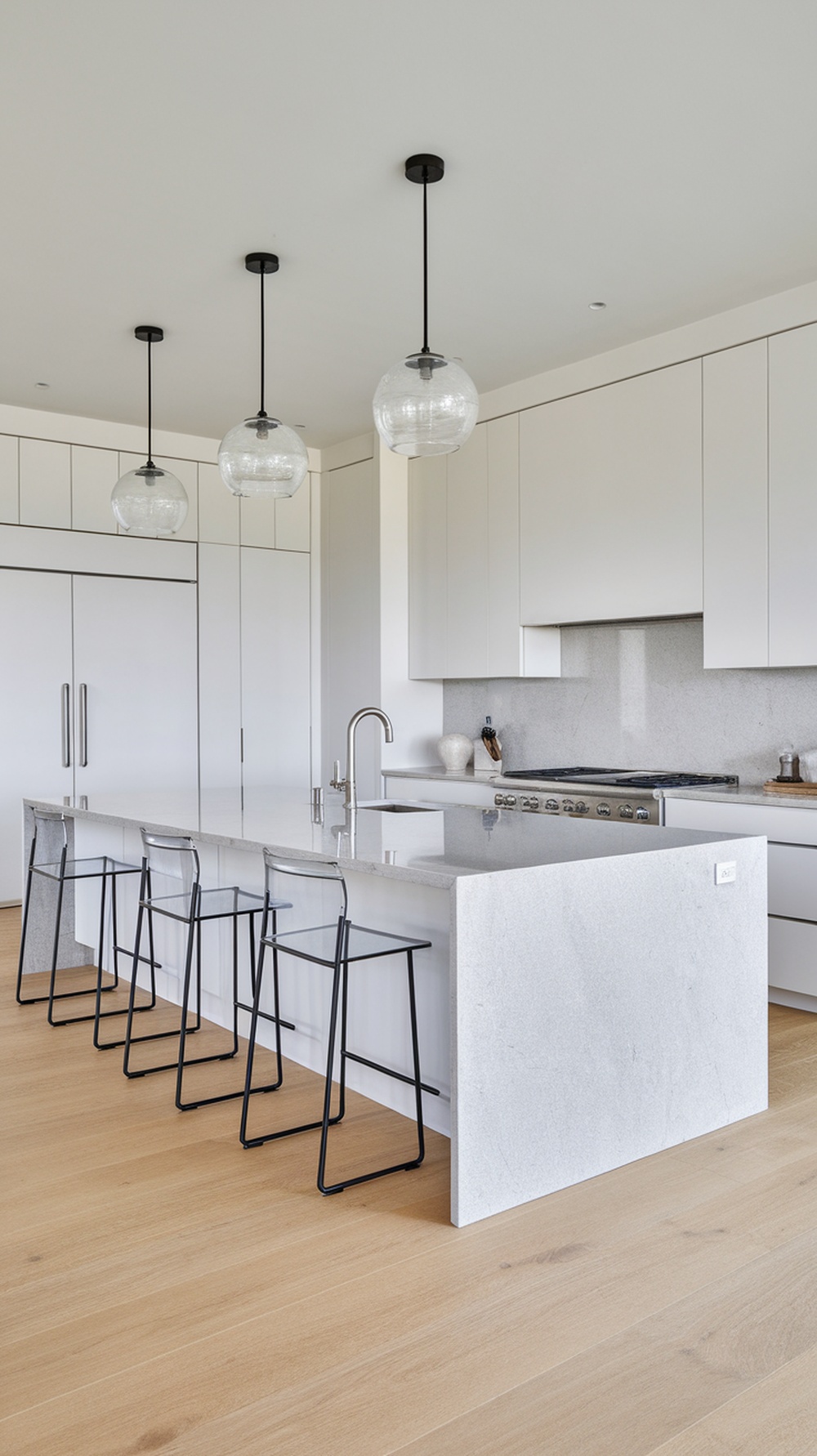 Modern white kitchen featuring a waterfall island with black barstools and pendant lighting