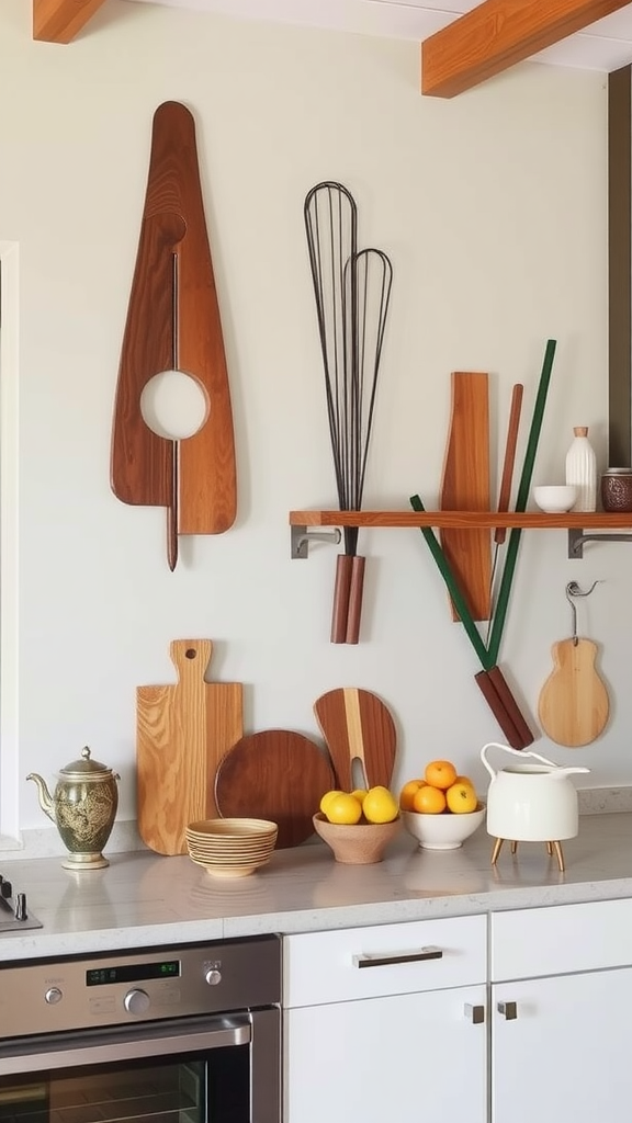Wooden kitchen tools and sculptural wall hangings