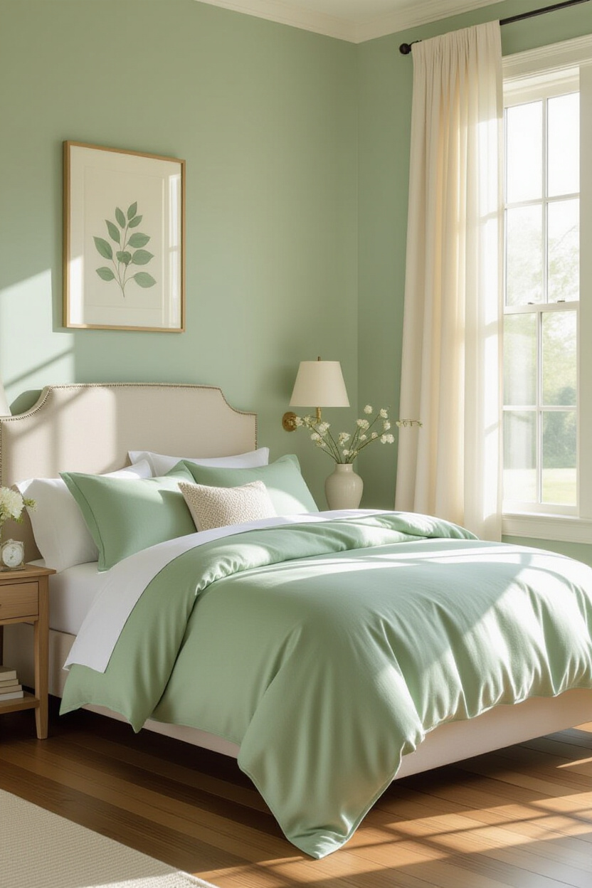 sage green bedroom with light sage walls and cream linen curtains