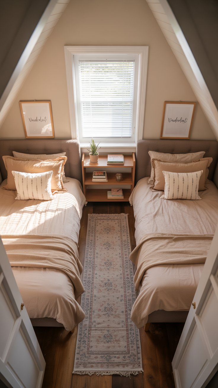 Cozy twin bed setup in attic room